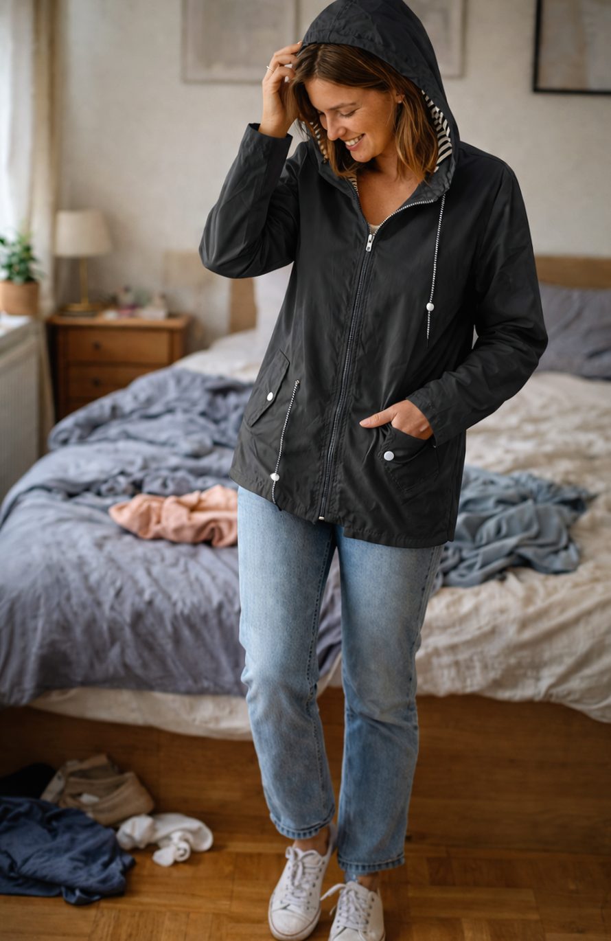 Women's Waterproof Hooded Rain Jacket Zip-Up Long Sleeve - Black
