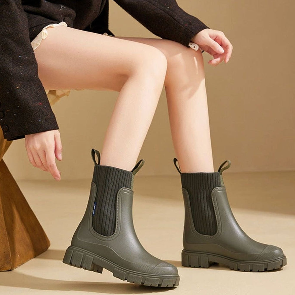 Women's Waterproof Knit-Collar Chunky-Sole Chelsea Rain Boots