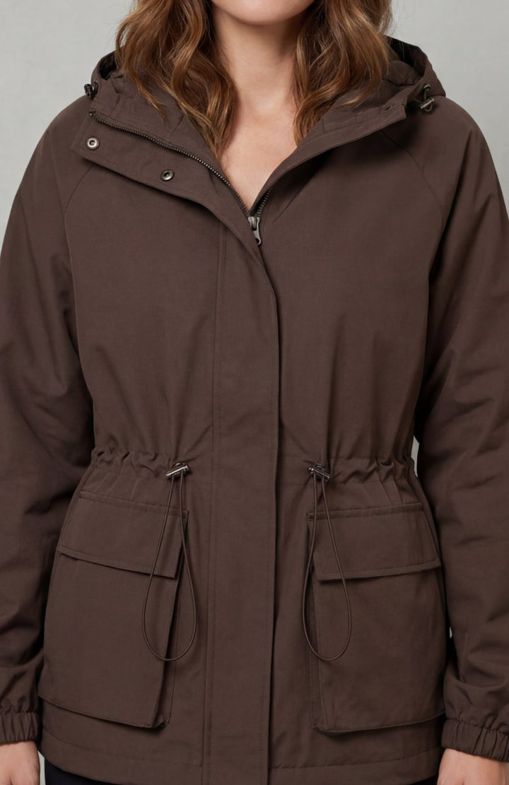 Women's Waterproof Utility Parka Drawstring Hooded Jacket - Brown