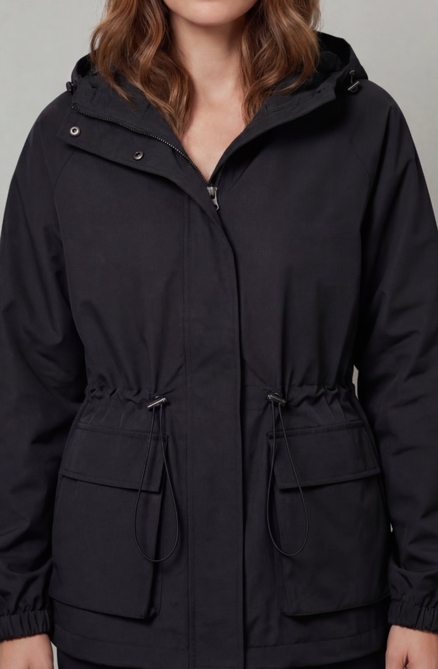 Women's Waterproof Utility Parka Drawstring Hooded Jacket - Black