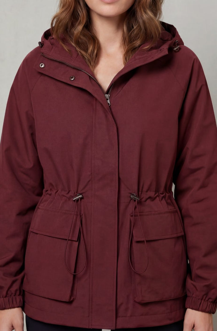 Women's Waterproof Utility Parka Drawstring Hooded Jacket - Wine Red