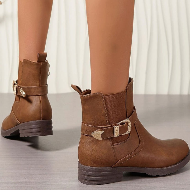 Women's Western-Buckle Chelsea Ankle Boots Block Heel