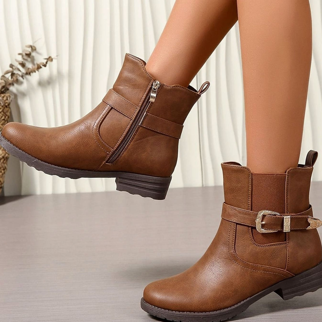 Women's Western-Buckle Chelsea Ankle Boots Block Heel