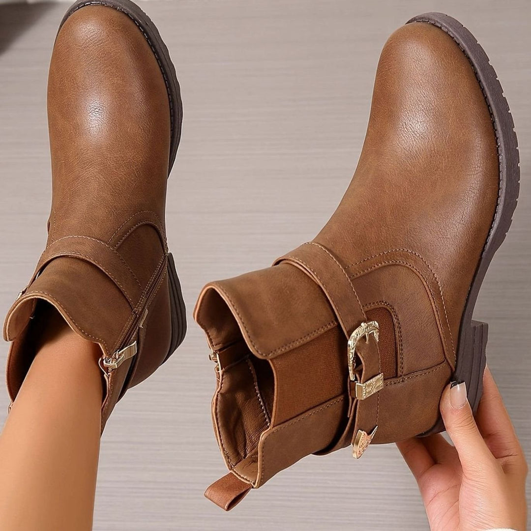Women's Western-Buckle Chelsea Ankle Boots Block Heel
