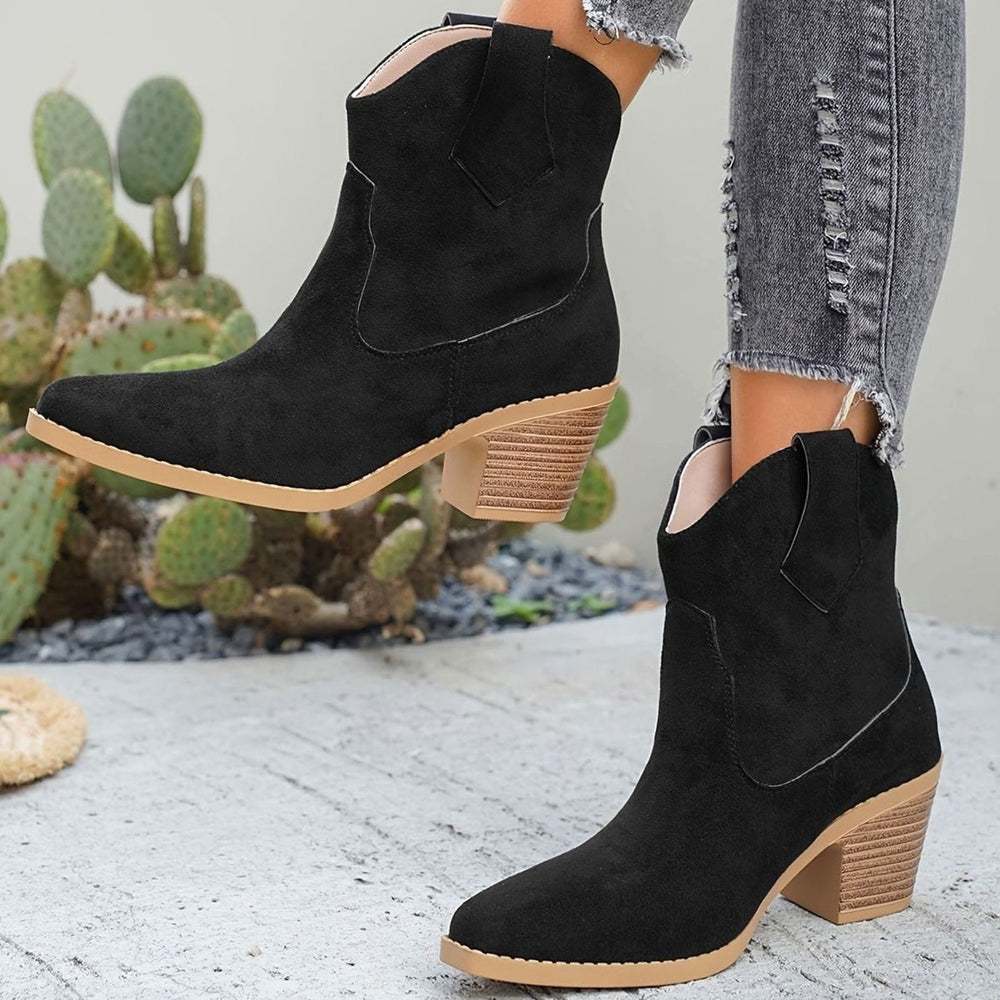 Women's Western-Style Pointed-Toe Block-Heel Slip-On Ankle Boots - Black