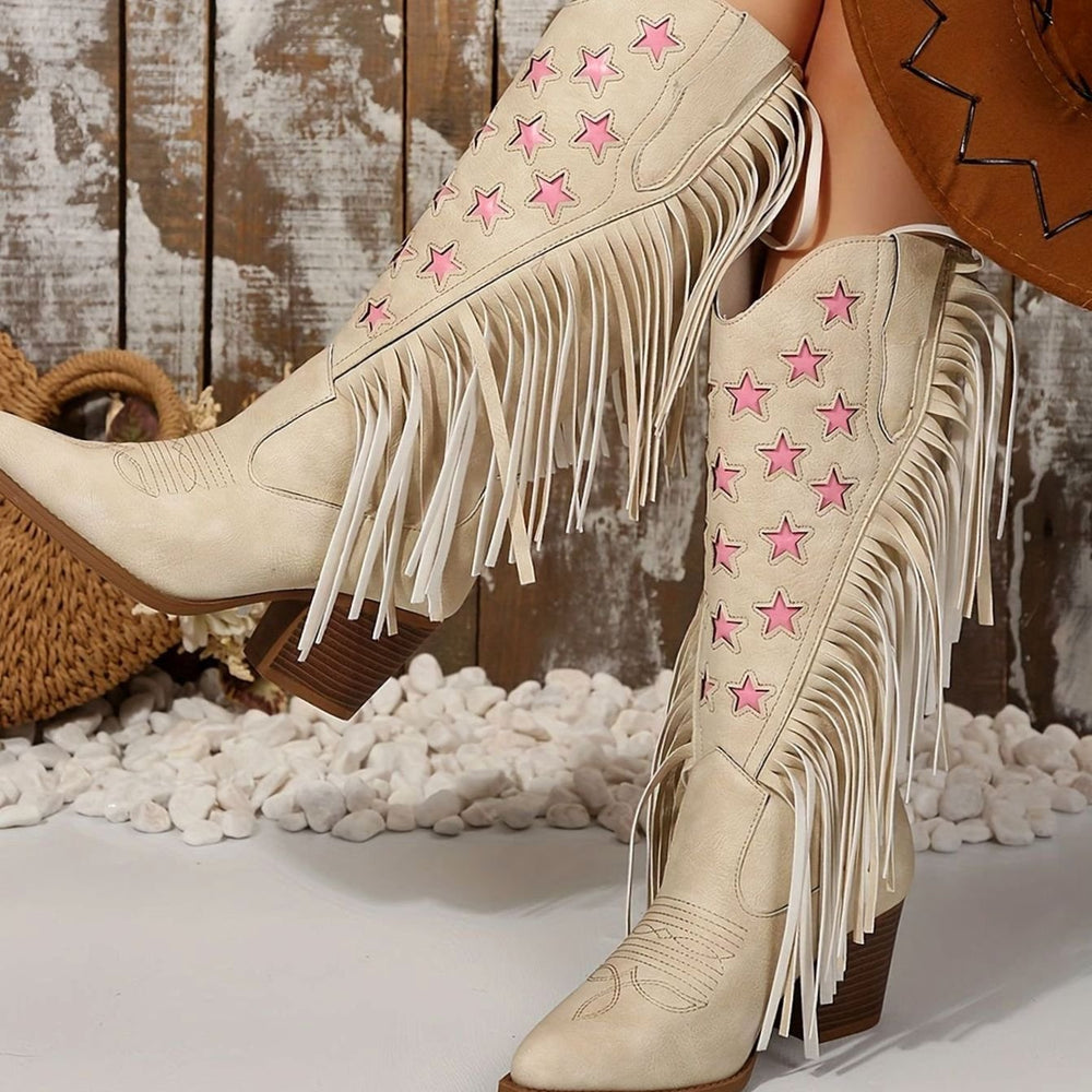 Women's Wide-Calf Fringe Cowboy Boots Star Embroidery Block Heel - Beige