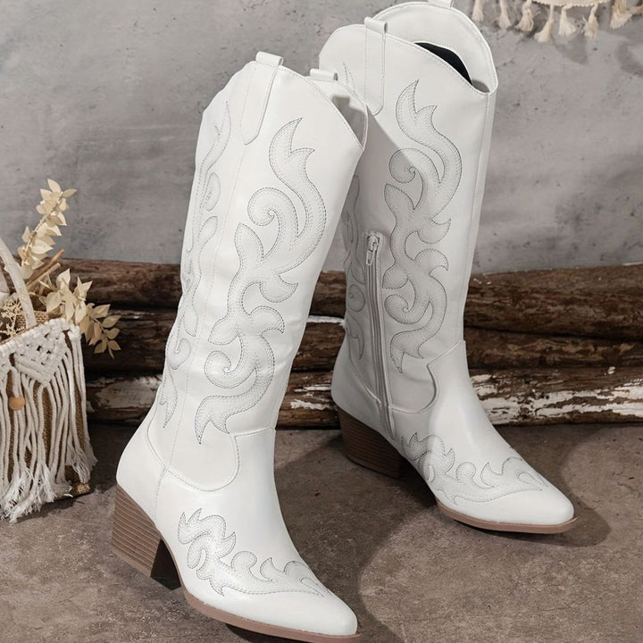 Women's Wide-Calf Knee-High Embroidered Western Cowboy Boots - White