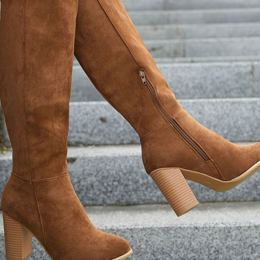 Women's Wide-Calf Knee-High Suede Block-Heel Western Boots - Brown