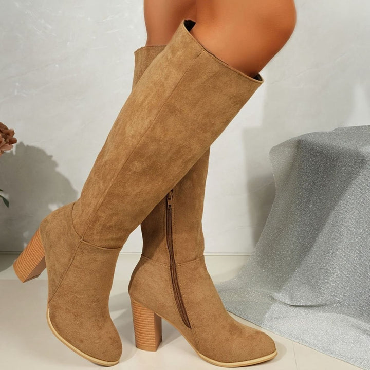 Women's Wide-Calf Knee-High Suede Block-Heel Western Boots - Light Brown