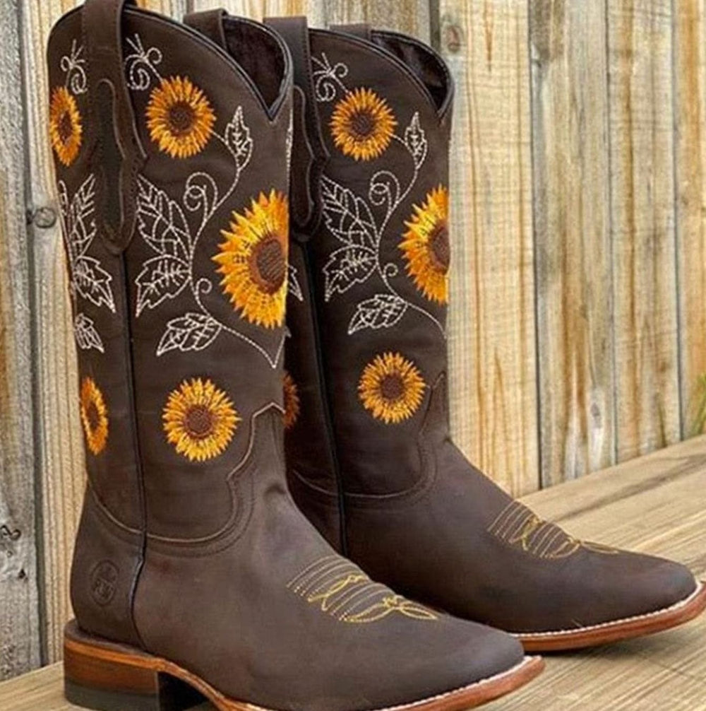 Women's Wide-Calf Sunflower Embroidered Western Cowboy Boots - Dark Brown