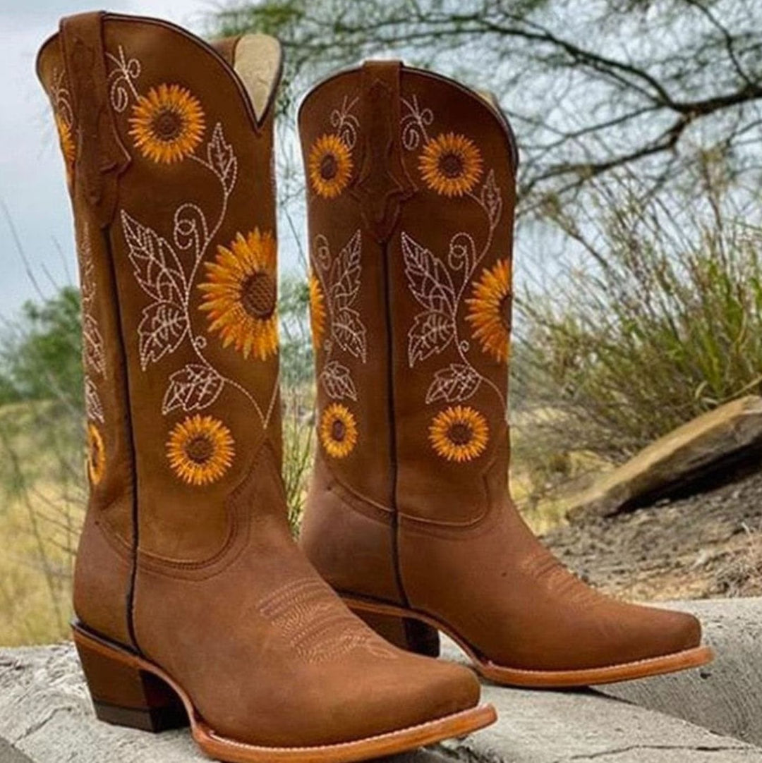 Women's Wide-Calf Sunflower Embroidered Western Cowboy Boots - Brown