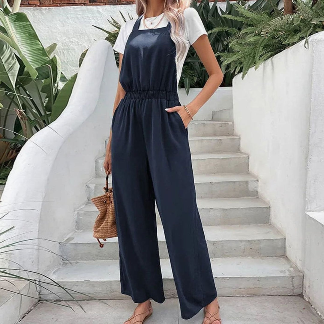 Women's Wide-Leg Gathered-Waist Elasticated Dungaree Jumpsuit - Navy Blue