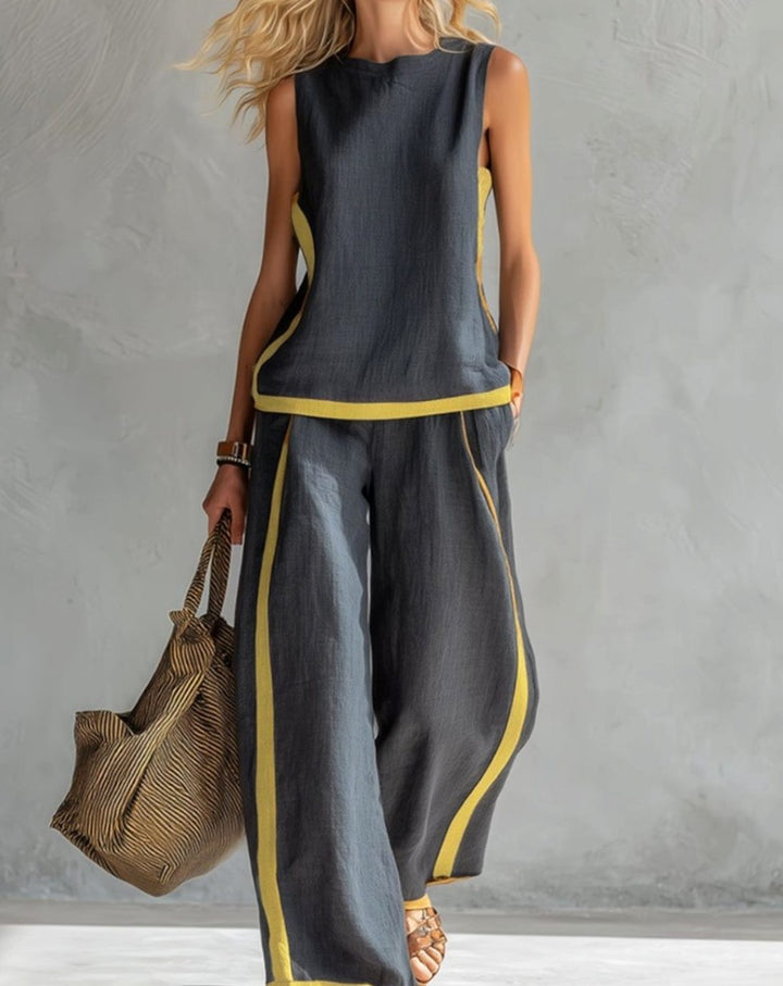 Women's Wide Leg Trousers and Top Two-Piece Contrast-Trim Set - Grey