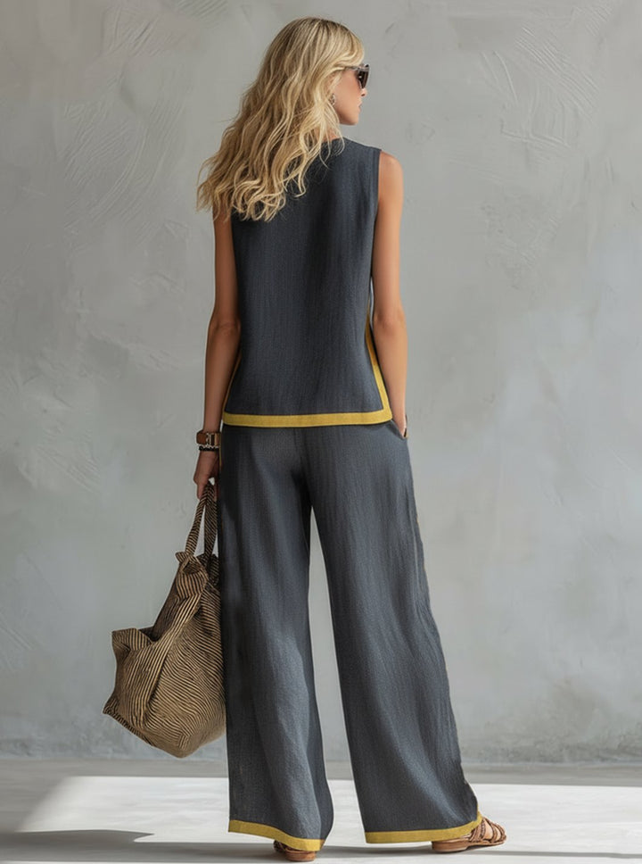 Women's Wide Leg Trousers and Top Two-Piece Contrast-Trim Set