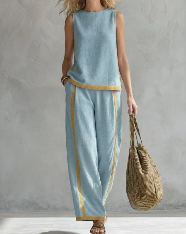 Women's Wide Leg Trousers and Top Two-Piece Contrast-Trim Set - Blue