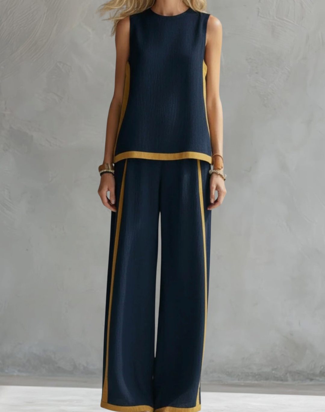 Women's Wide Leg Trousers and Top Two-Piece Contrast-Trim Set - Navy Blue