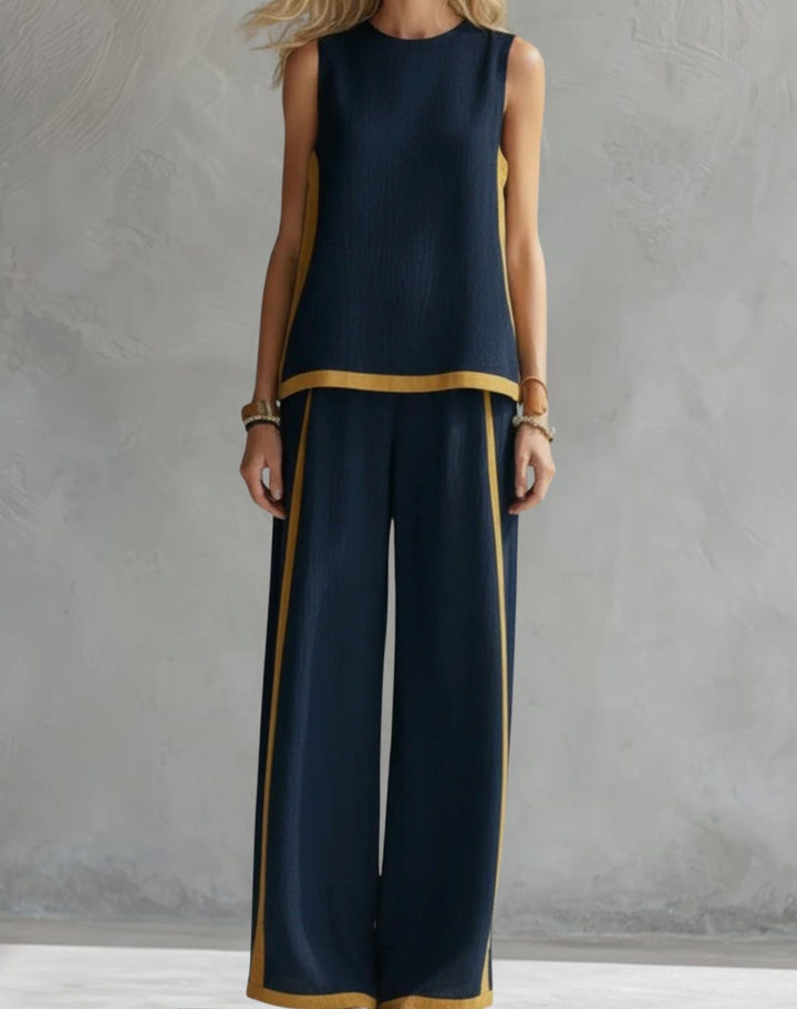 Women's Wide Leg Trousers and Top Two-Piece Contrast-Trim Set - Navy Blue