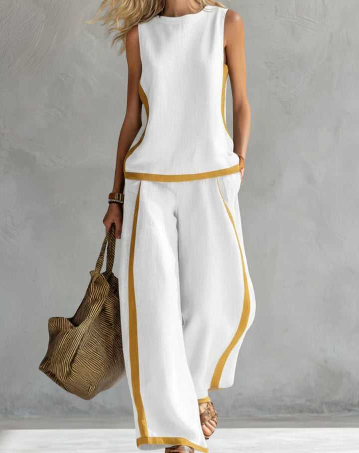 Women's Wide Leg Trousers and Top Two-Piece Contrast-Trim Set - White
