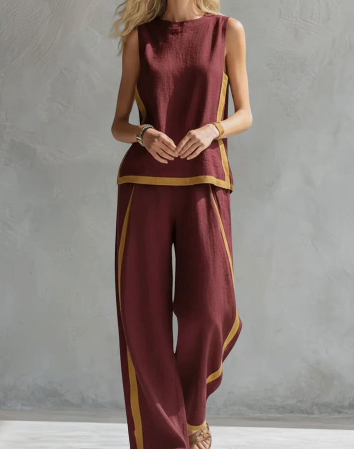 Women's Wide Leg Trousers and Top Two-Piece Contrast-Trim Set - Wine Red