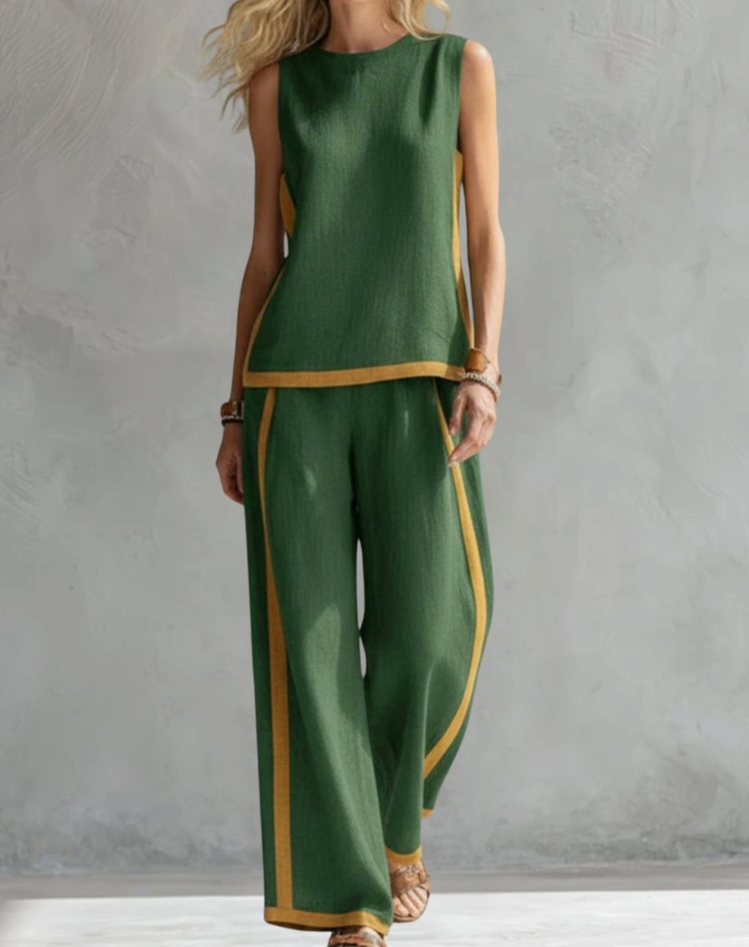 Women's Wide Leg Trousers and Top Two-Piece Contrast-Trim Set - Green