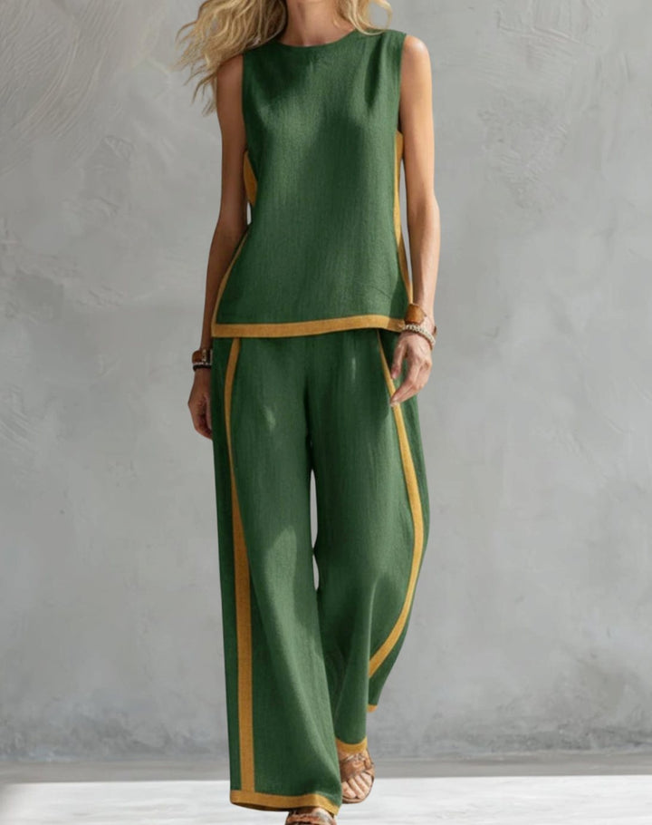Women's Wide Leg Trousers and Top Two-Piece Contrast-Trim Set - Green