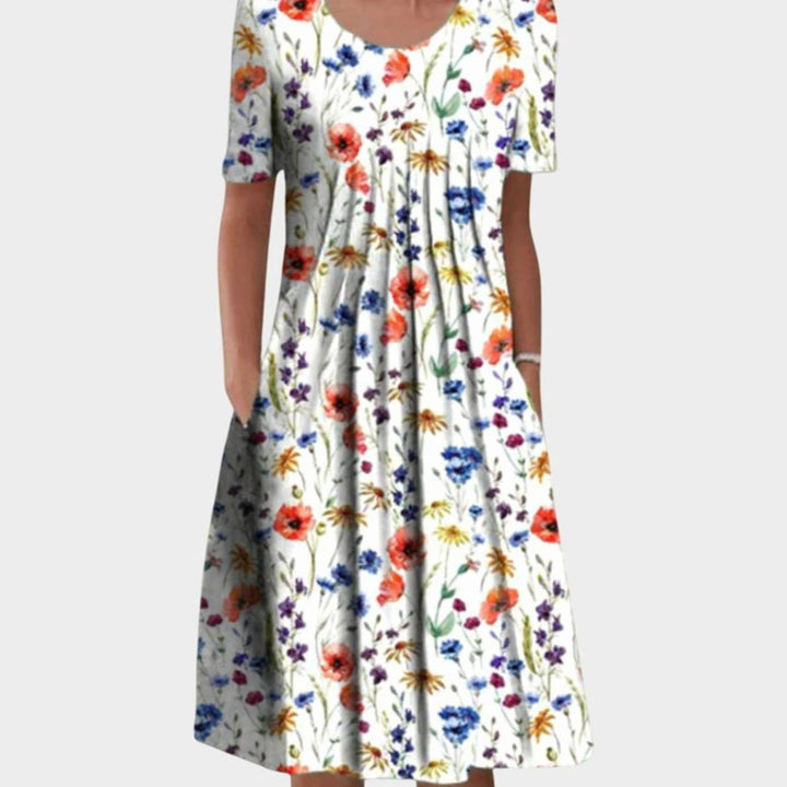 Women's Wildflower Print Round-Neck Pleated Midi Dress Pockets - Red Flowers