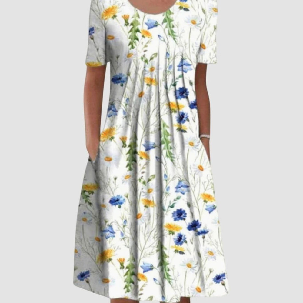 Women's Wildflower Print Round-Neck Pleated Midi Dress Pockets - Yellow Flowers