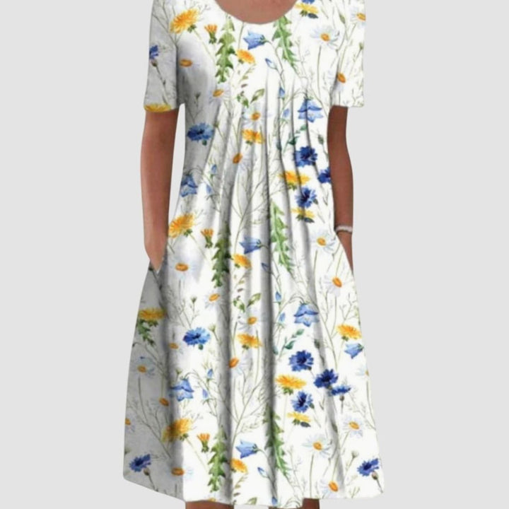 Women's Wildflower Print Round-Neck Pleated Midi Dress Pockets - Yellow Flowers