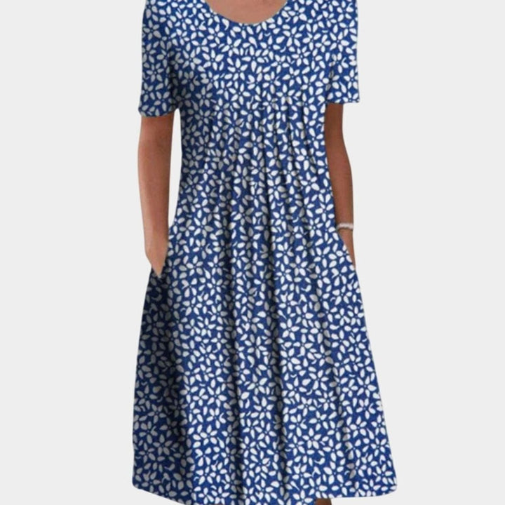 Women's Wildflower Print Round-Neck Pleated Midi Dress Pockets - Blue