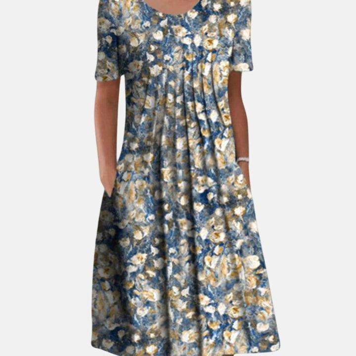 Women's Wildflower Print Round-Neck Pleated Midi Dress Pockets - Light Blue