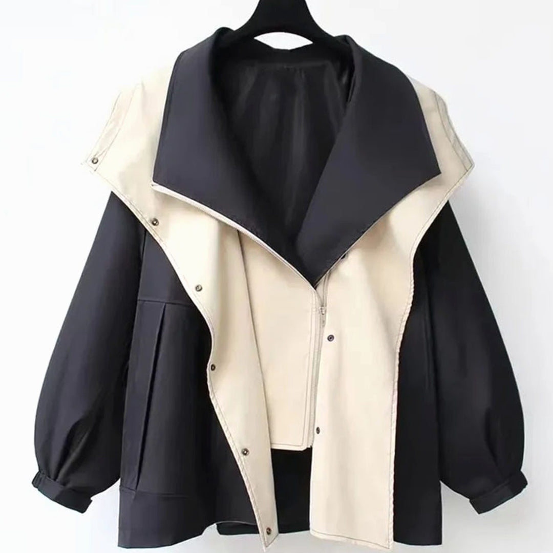 Women's Windproof Double-Layer Zip-Button Oversized Jacket - Black