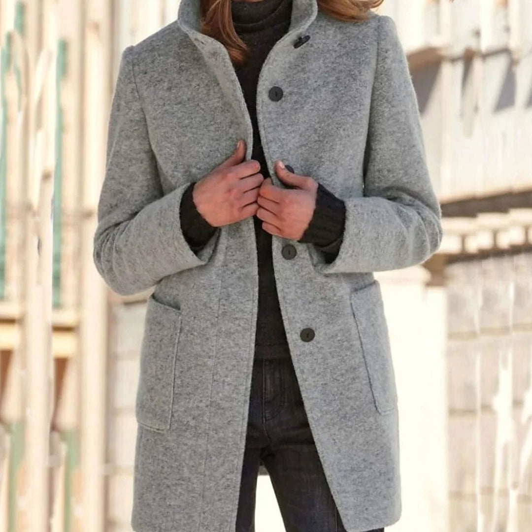 Women's Wool-Blend Button-Up Stand-Collar Winter Coat - Grey