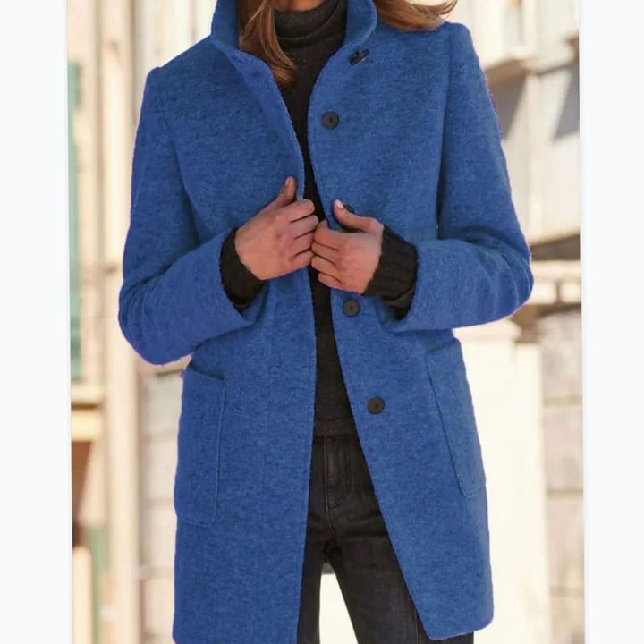 Women's Wool-Blend Button-Up Stand-Collar Winter Coat - Navy Blue