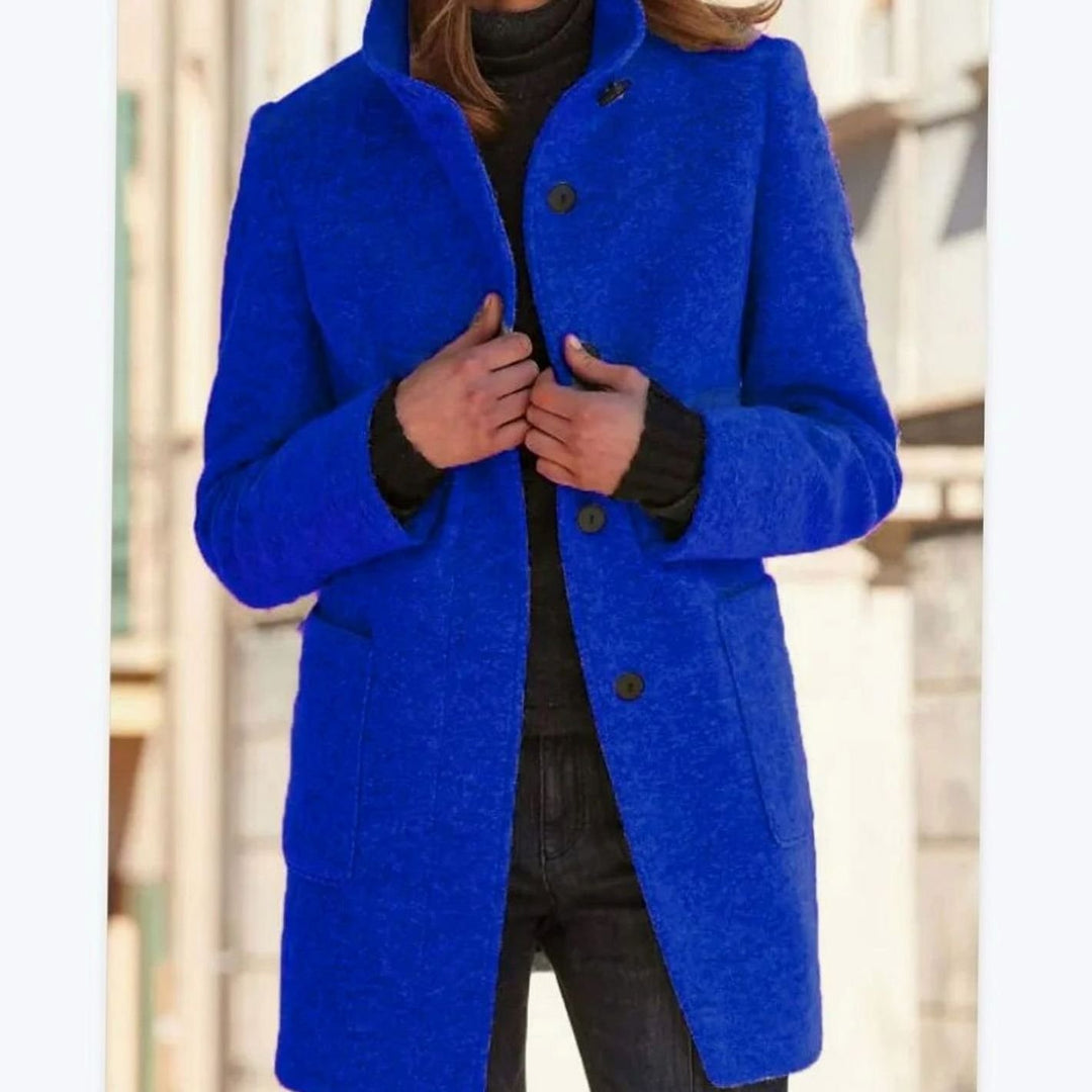 Women's Wool-Blend Button-Up Stand-Collar Winter Coat - Blue