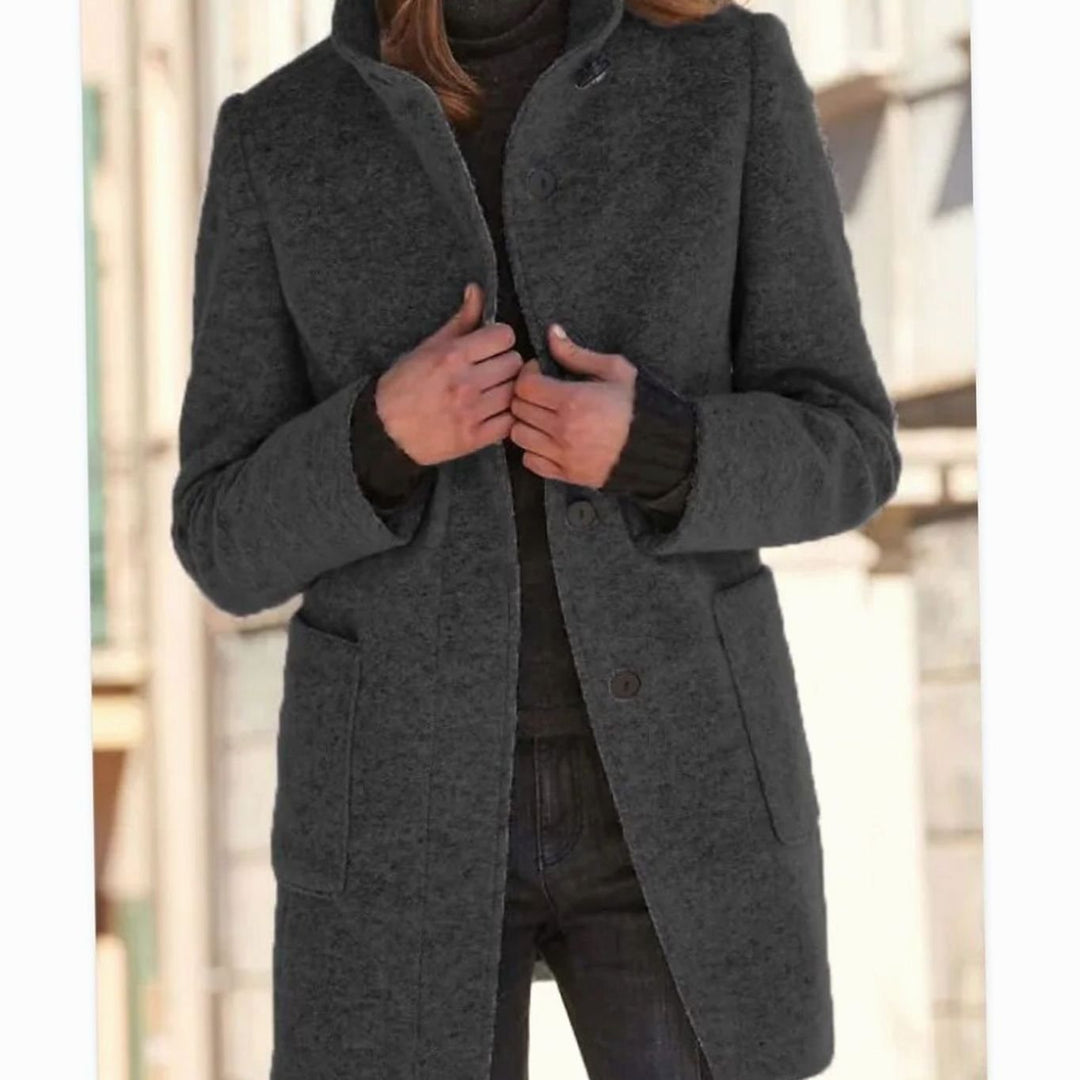 Women's Wool-Blend Button-Up Stand-Collar Winter Coat - Dark Grey