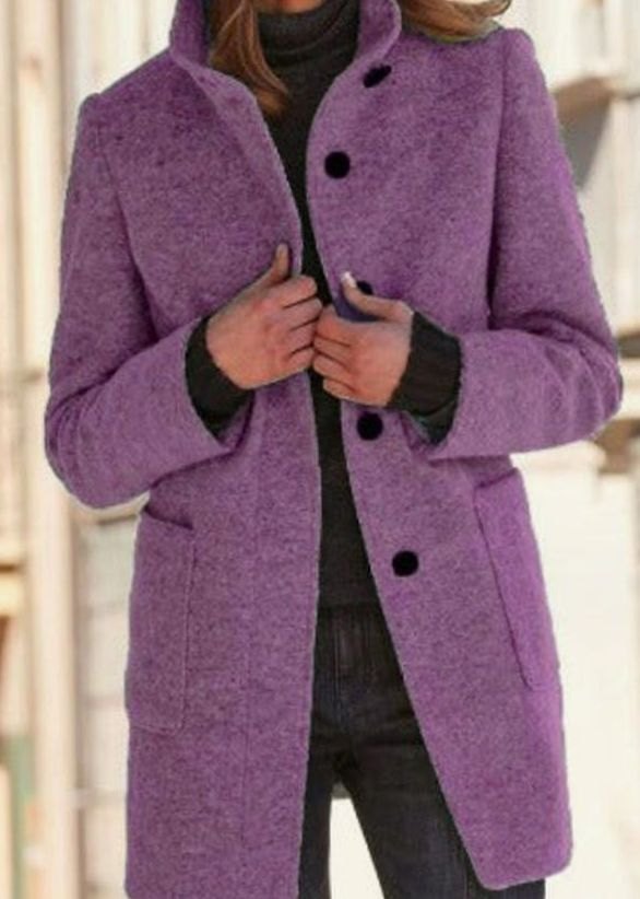 Women's Wool-Blend Button-Up Stand-Collar Winter Coat - Purple