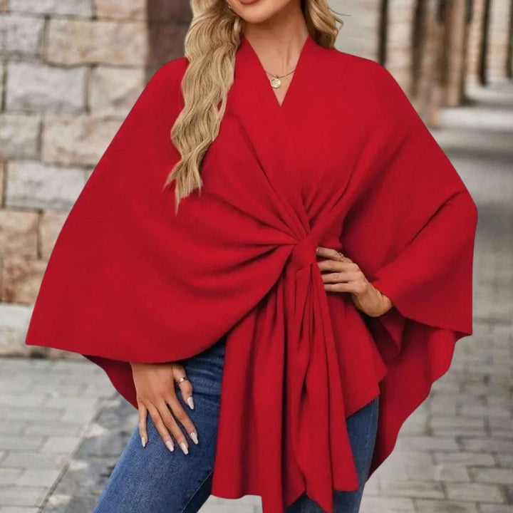 Women's Wrap-Front Knot Batwing Poncho Cape - Carmine Red