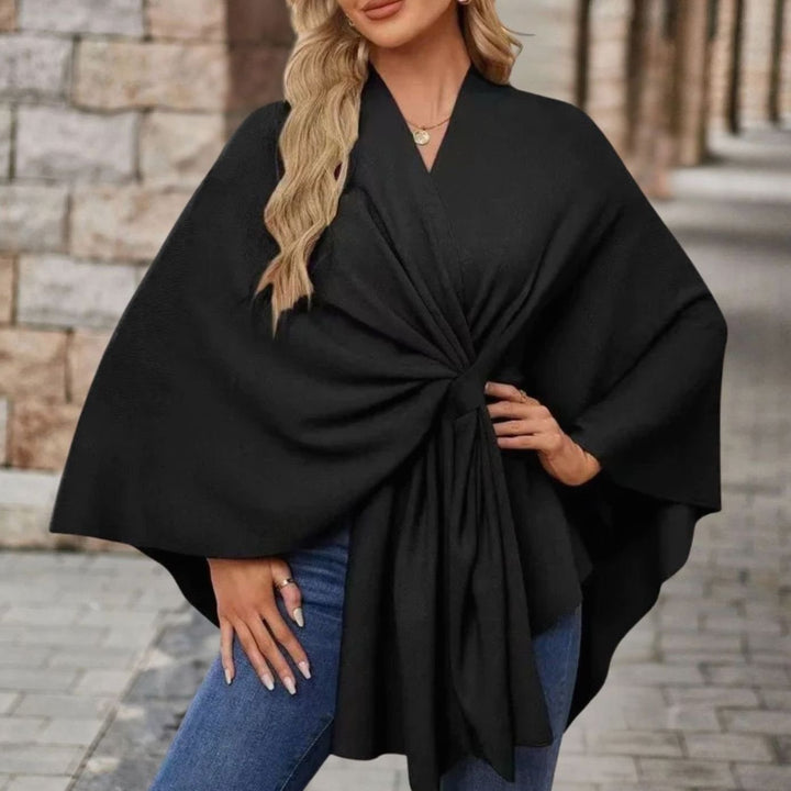 Women's Wrap-Front Knot Batwing Poncho Cape - Jet Black