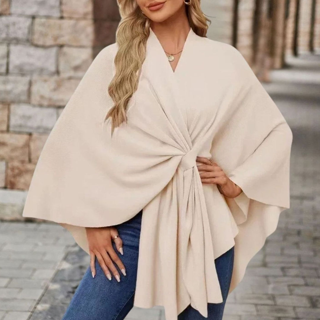 Women's Wrap-Front Knot Batwing Poncho Cape - Sand Brown
