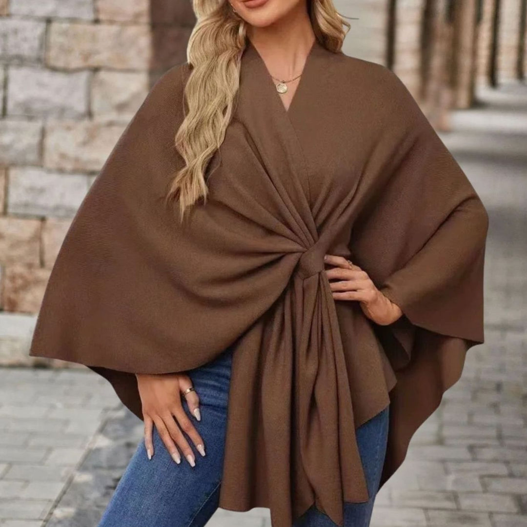 Women's Wrap-Front Knot Batwing Poncho Cape - Chestnut Brown