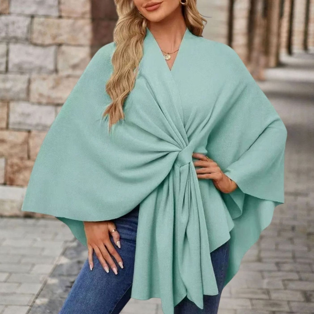 Women's Wrap-Front Knot Batwing Poncho Cape - Turquoise