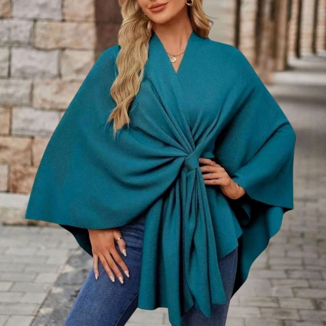 Women's Wrap-Front Knot Batwing Poncho Cape - Teal Blue