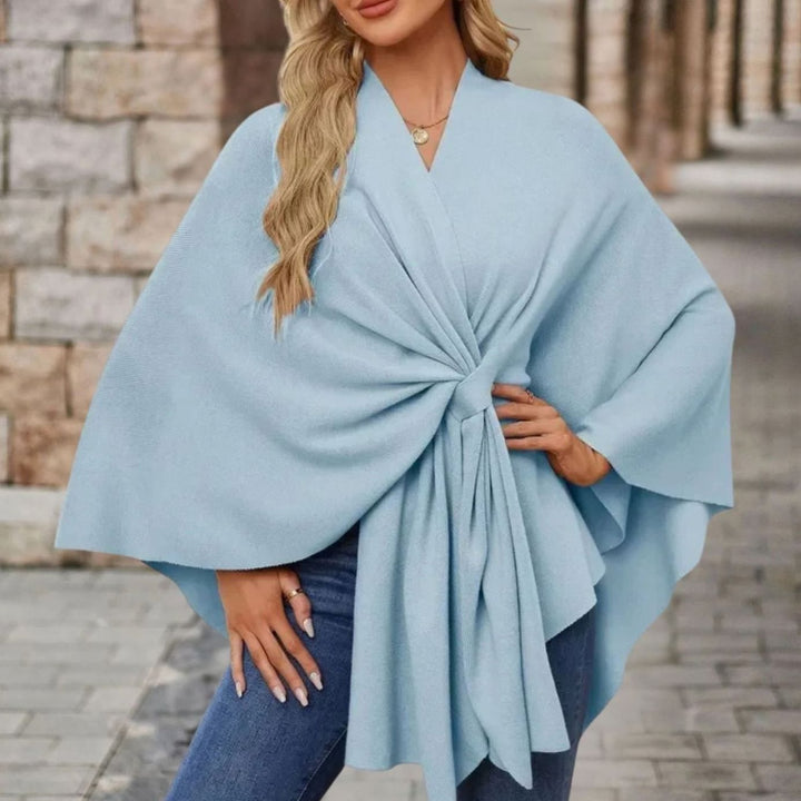Women's Wrap-Front Knot Batwing Poncho Cape - Sky Blue