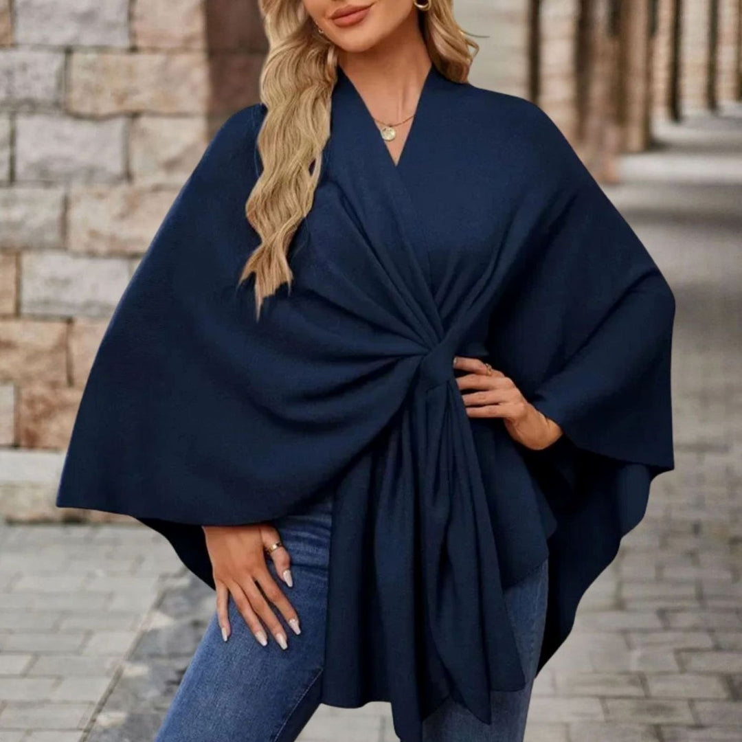 Women's Wrap-Front Knot Batwing Poncho Cape - Navy Blue