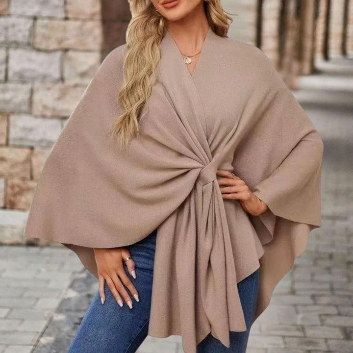 Women's Wrap-Front Knot Batwing Poncho Cape - Oat Beige