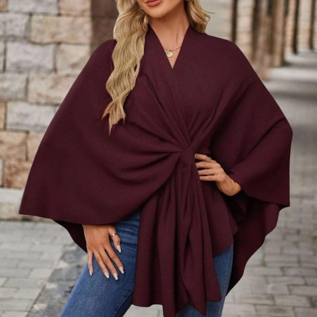 Women's Wrap-Front Knot Batwing Poncho Cape - Bordeaux Red