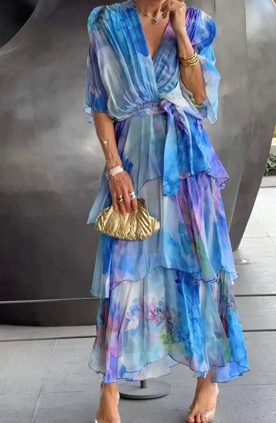 Women's Wrap-Front Tiered Ruffle Chiffon Midi Dress
