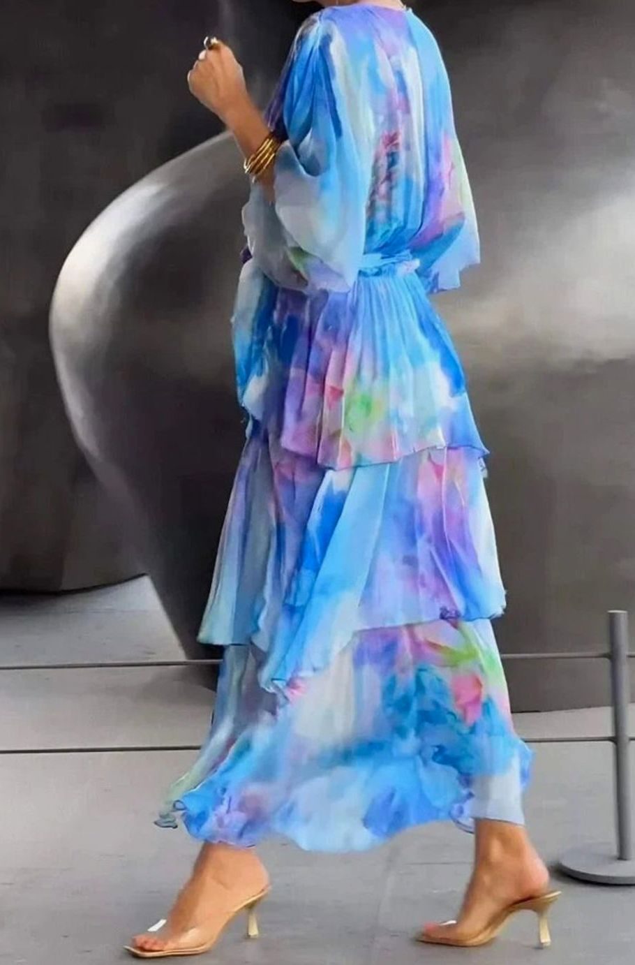 Women's Wrap-Front Tiered Ruffle Chiffon Midi Dress