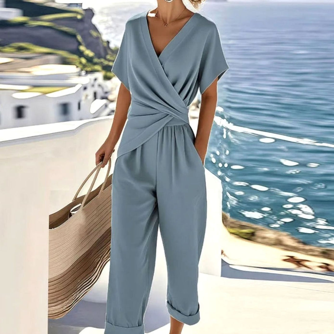 Women's Wrap-Front V-Neck Cropped Jumpsuit - Blue