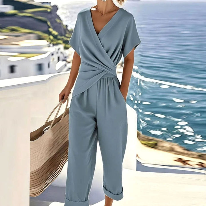 Women's Wrap-Front V-Neck Cropped Jumpsuit - Blue